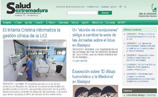 Página de inicio de Salud Extremadura en Internet, que ofrece numerosas mejoras y funcionalidades.