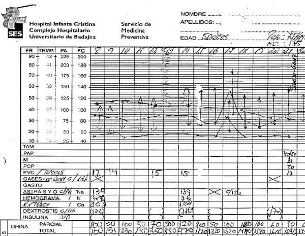 Fragmento de la gráfica que se hacía a base de contínuas anotaciones de los enfermeros.
