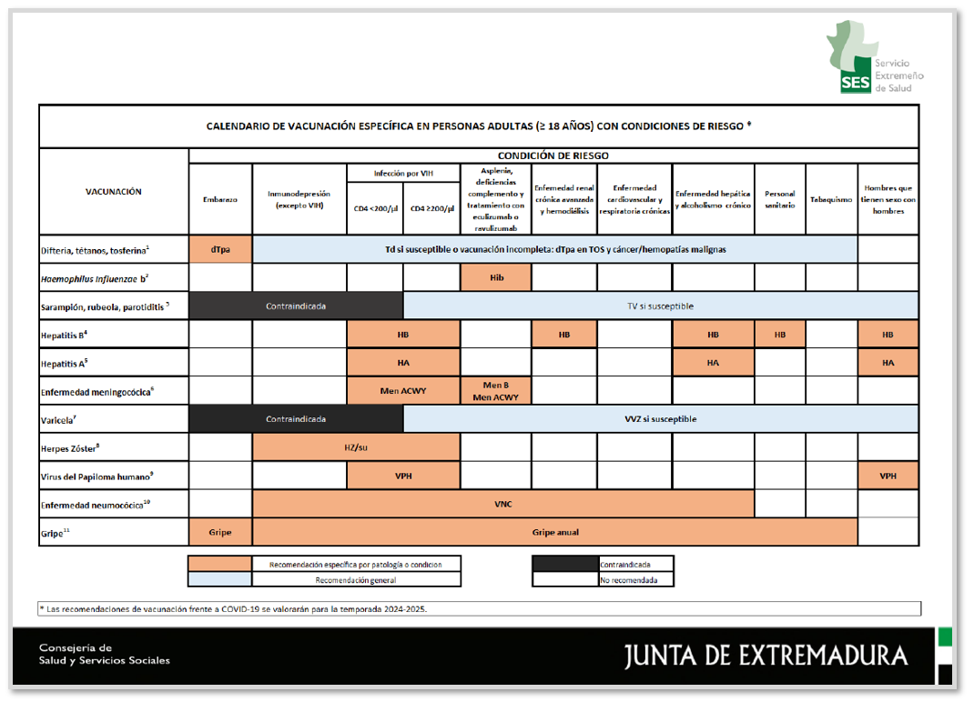 Calendario de vacunaci&oacute;n espec&iacute;fica en personas adultas mayores o iguales a 18 a&ntilde;os con condiciones de riesgo